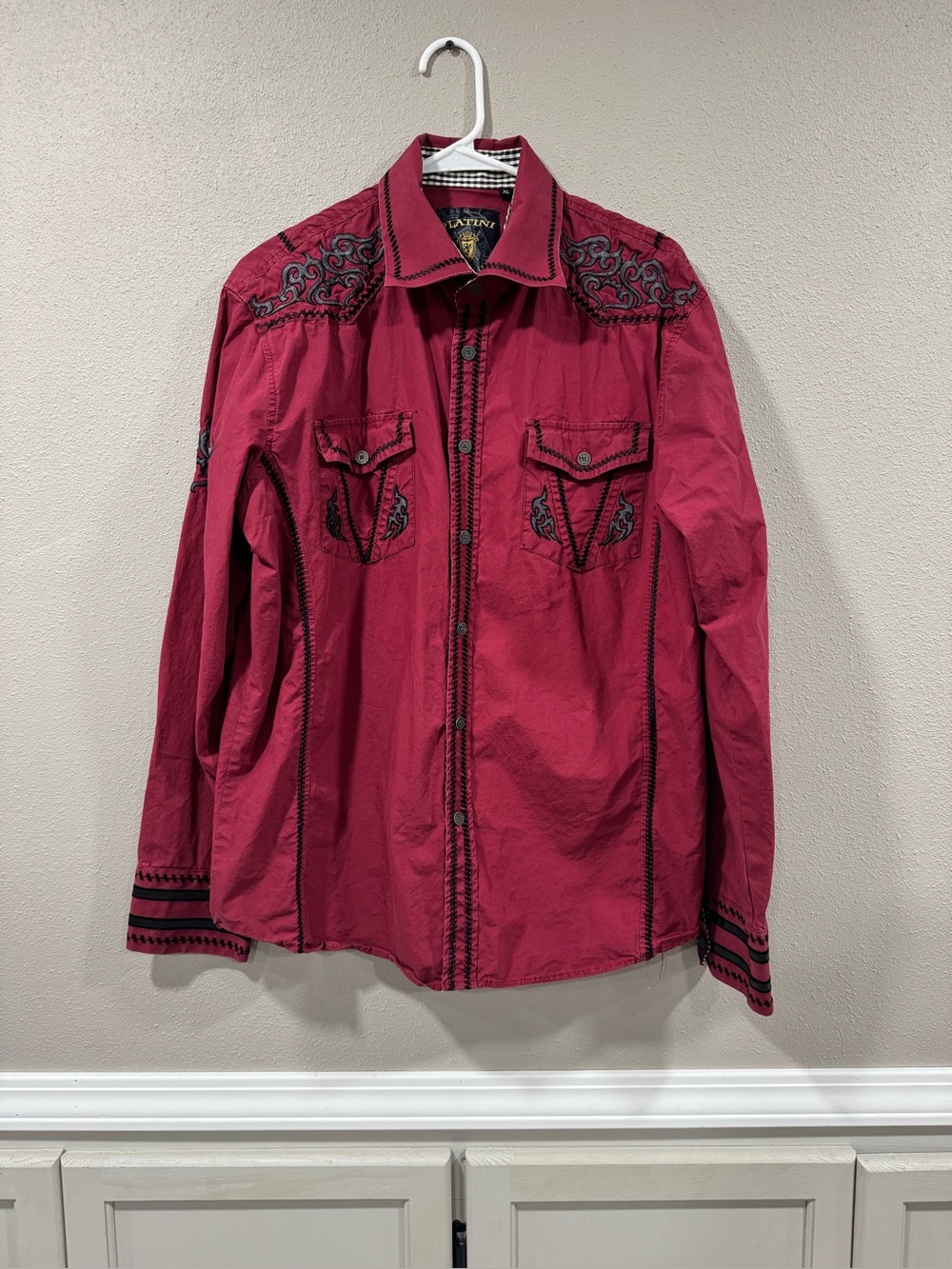 Black Label Men's Red Embroidered Western Button Down - Picture 2 of 6